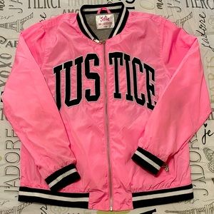 Justice Varsity Jacket. Barbie pink. Lining grey knit. Black/white trim. 18 plus